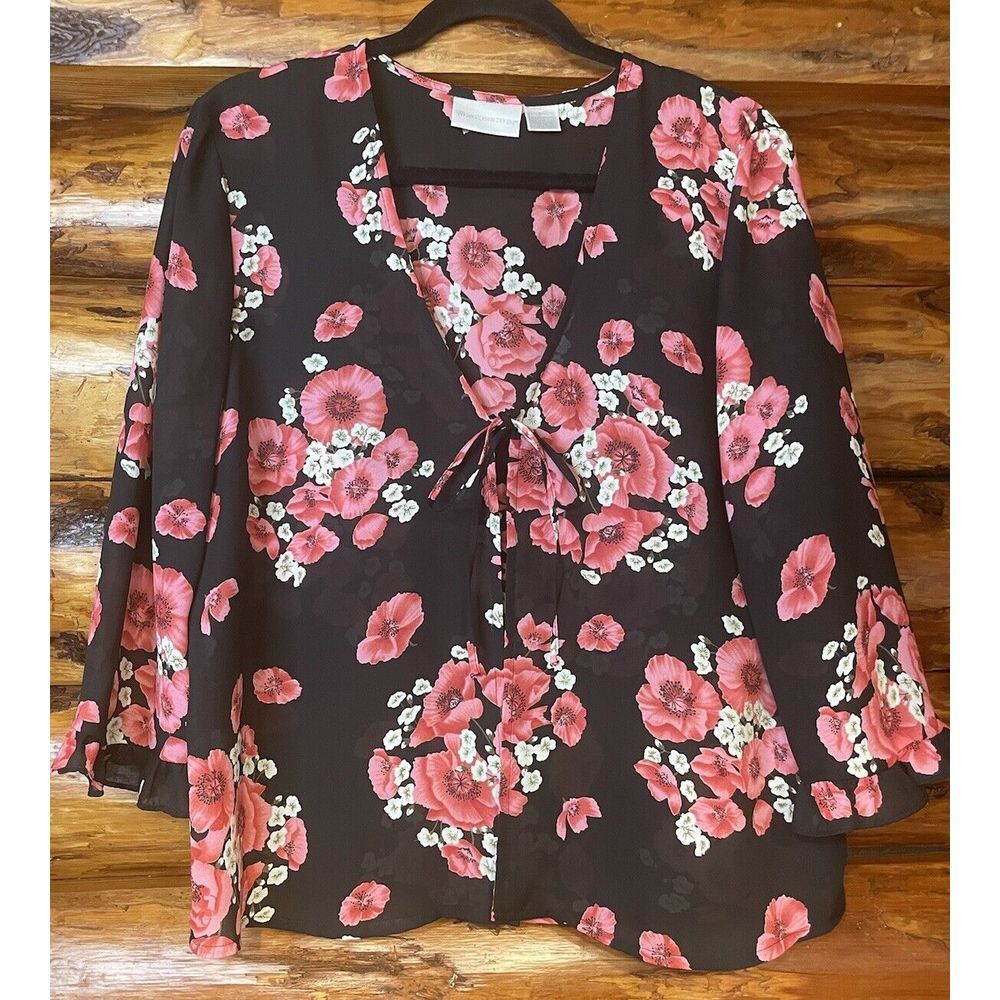 Worthington Black Floral Sheer Tie Front Blouse Size 12